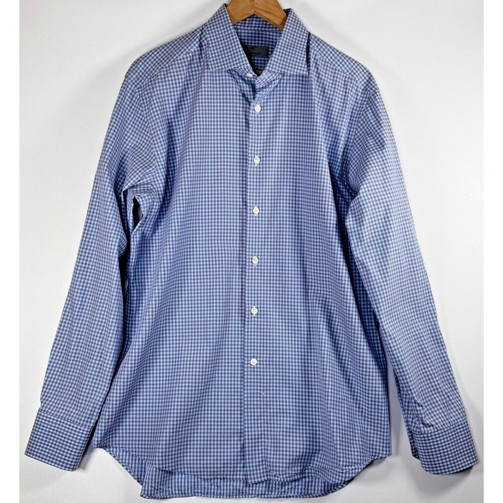 Canali Dress Shirt‎ Mens 16.5 42 Blue Red Gingham Check Button Up Italy Cotton